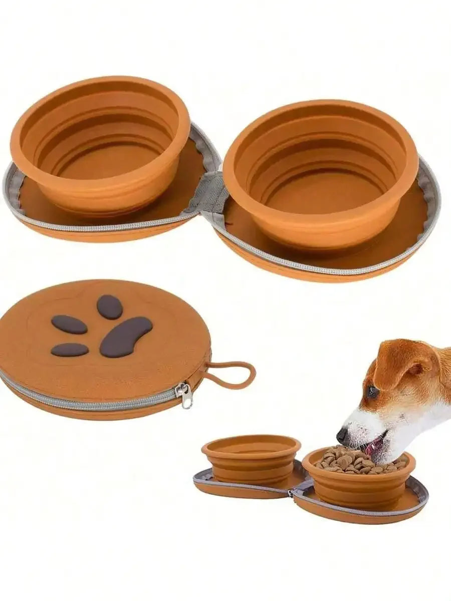 Portable Travel Silicone Double Dog Bowl Two In One Foldable
