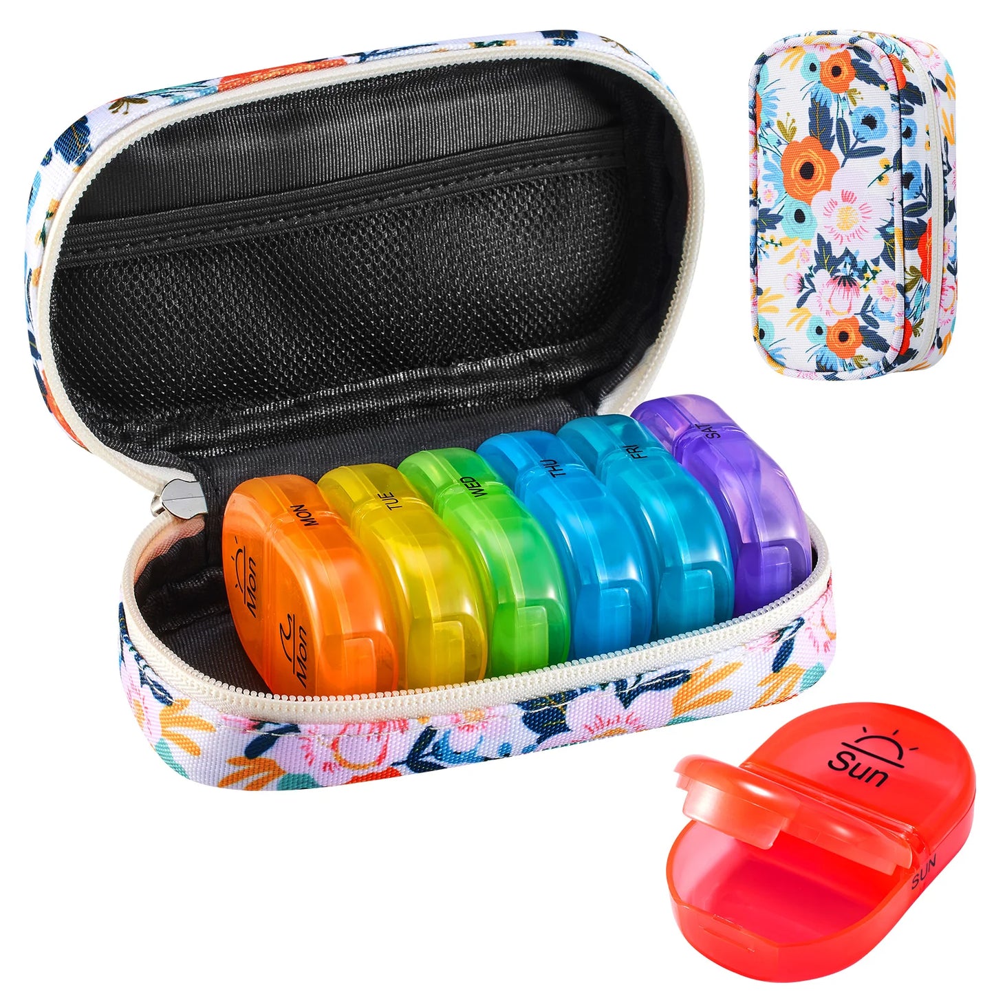 Seven Day Pill Organizer Canvas With Zip Pouch Rainbow Design