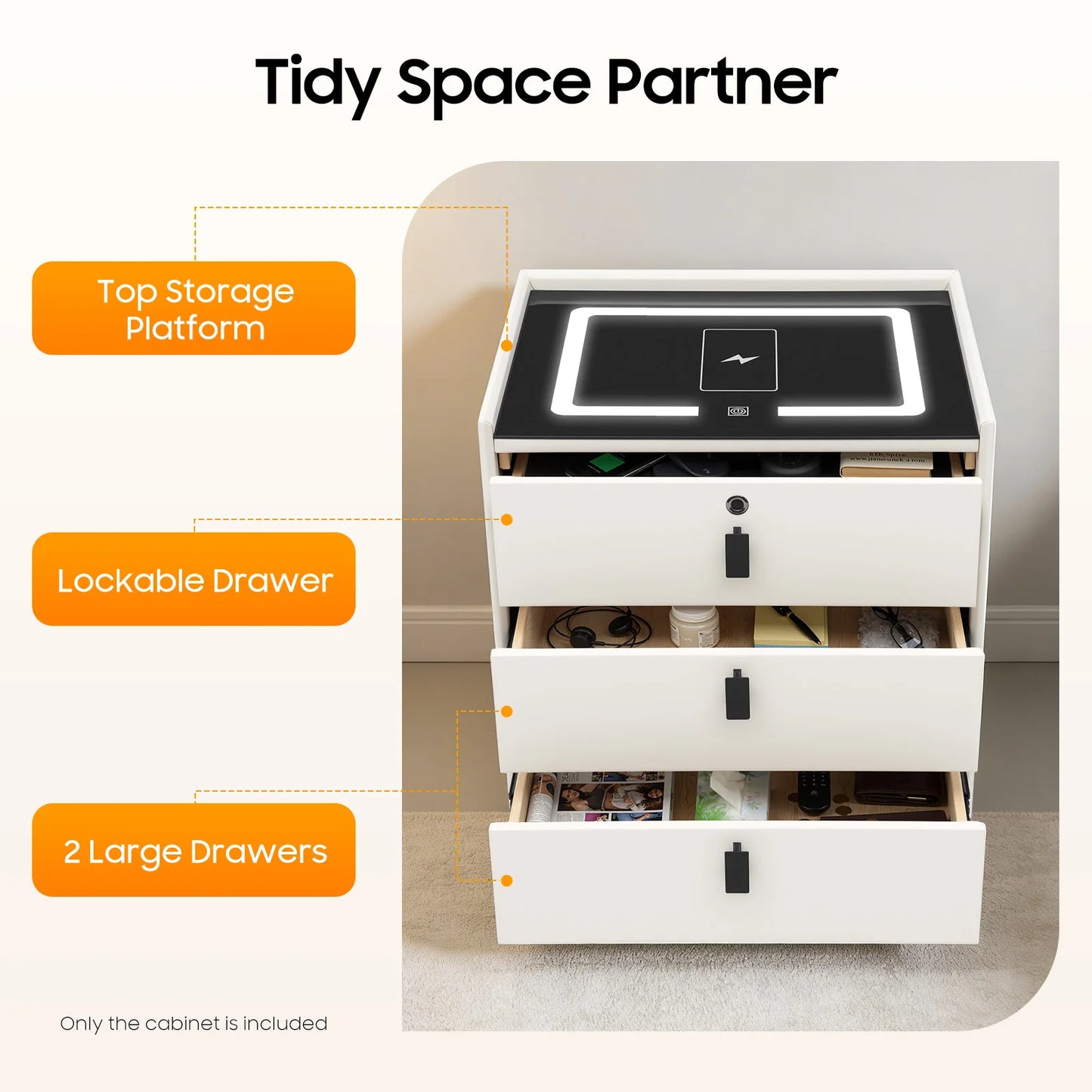Beige Bedside Cabinet Wooden 3 Drawer Smart Nightstand with LED Light & Wireless Charging & Fingerprint Lock & Bluetooth Speaker
