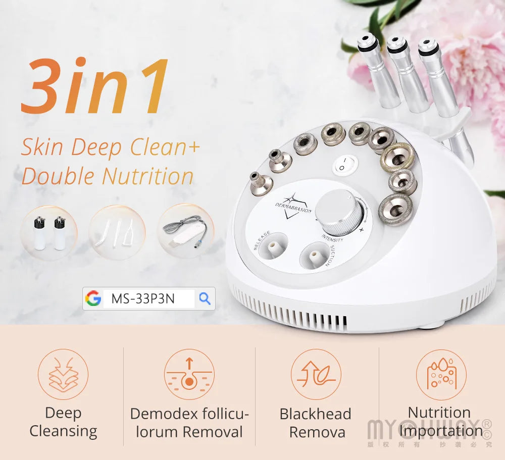 3 in 1 Skin Care Ultrasound Dermabrasion Beauty Device for Facial Cleaning