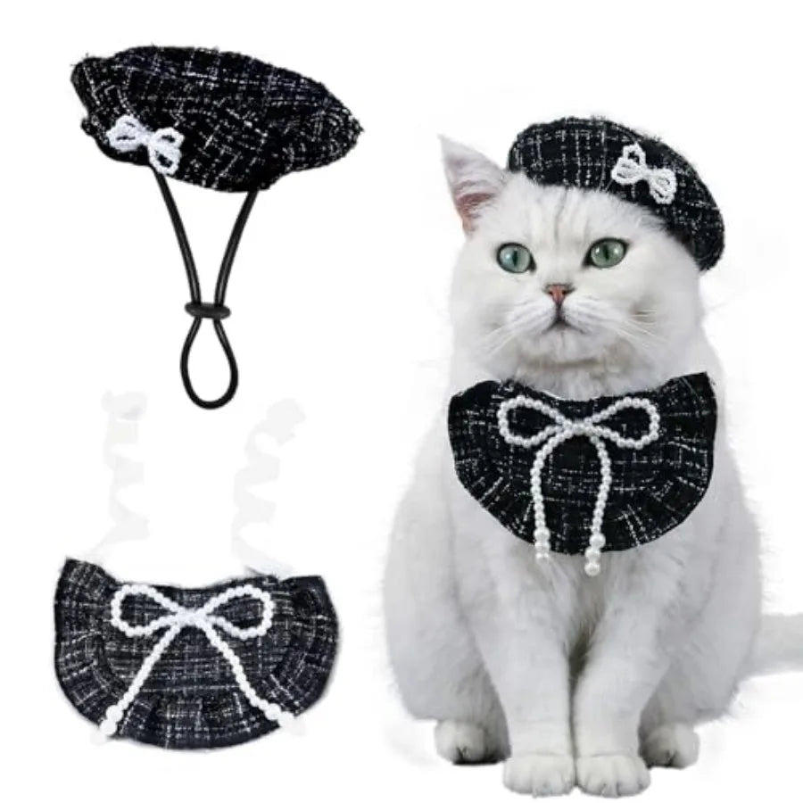 2PCS Cat Beret Hat with Small Camellia, Adjustable Satin Bowtie Bandana Scarf Set Pet Princess Costume for Halloween Christmas,