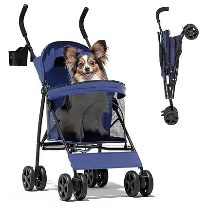 Compact Pet Stroller for Small-Medium Dogs/Cats up to 22lbs, 4-Wheel Lightweight Umbrella Shaped Portable Puppy Travel