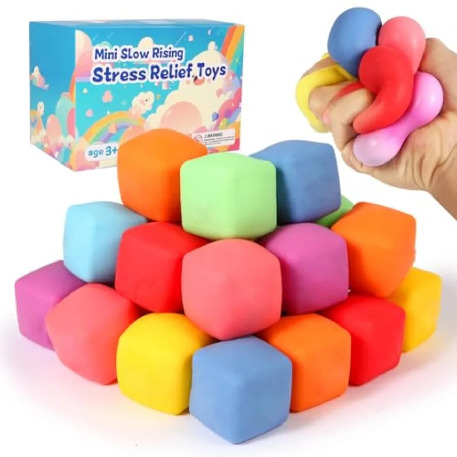 24 Pack Slow Rising Stress Cube, Dough Stress Balls Soft Fidget Squishy Toys for Anxiety Relief, Pull Stretch Classroom Prize P