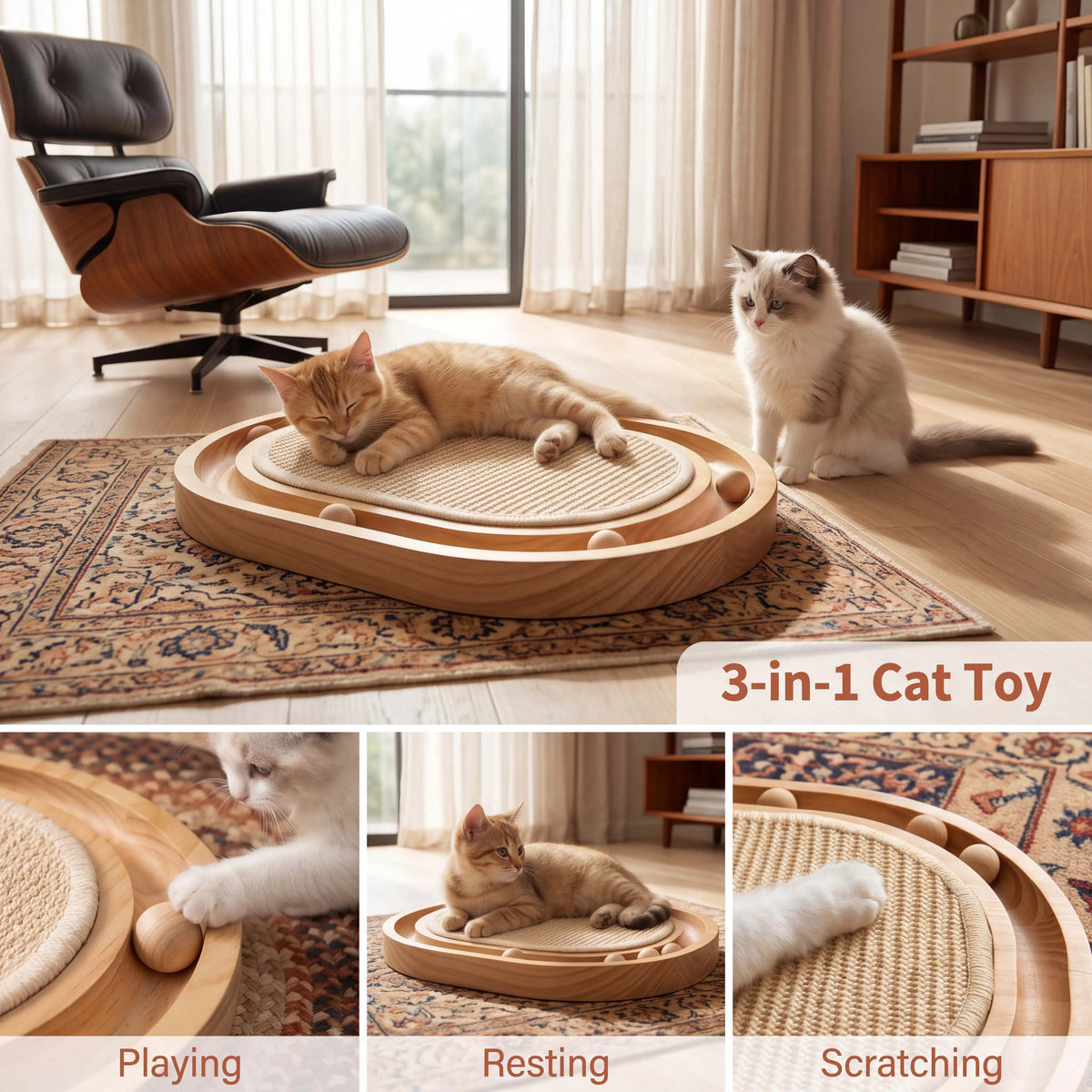 3-in-1 Wooden Oval Cat Scratcher with Rolling Balls