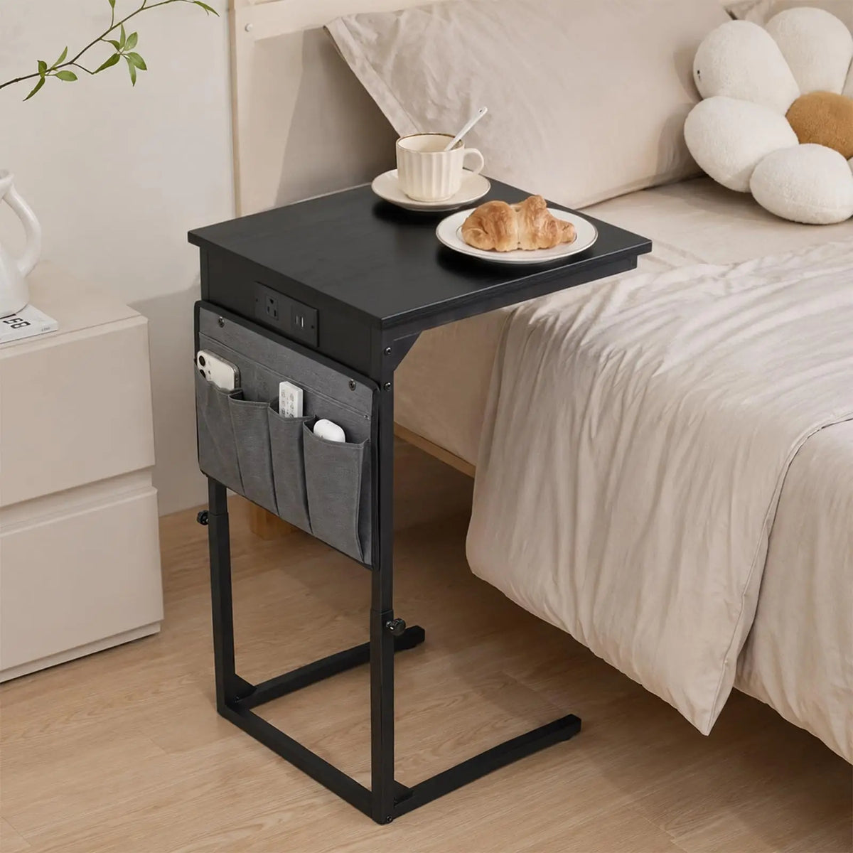 Adjustable C-Shaped Side Table with Charging Station