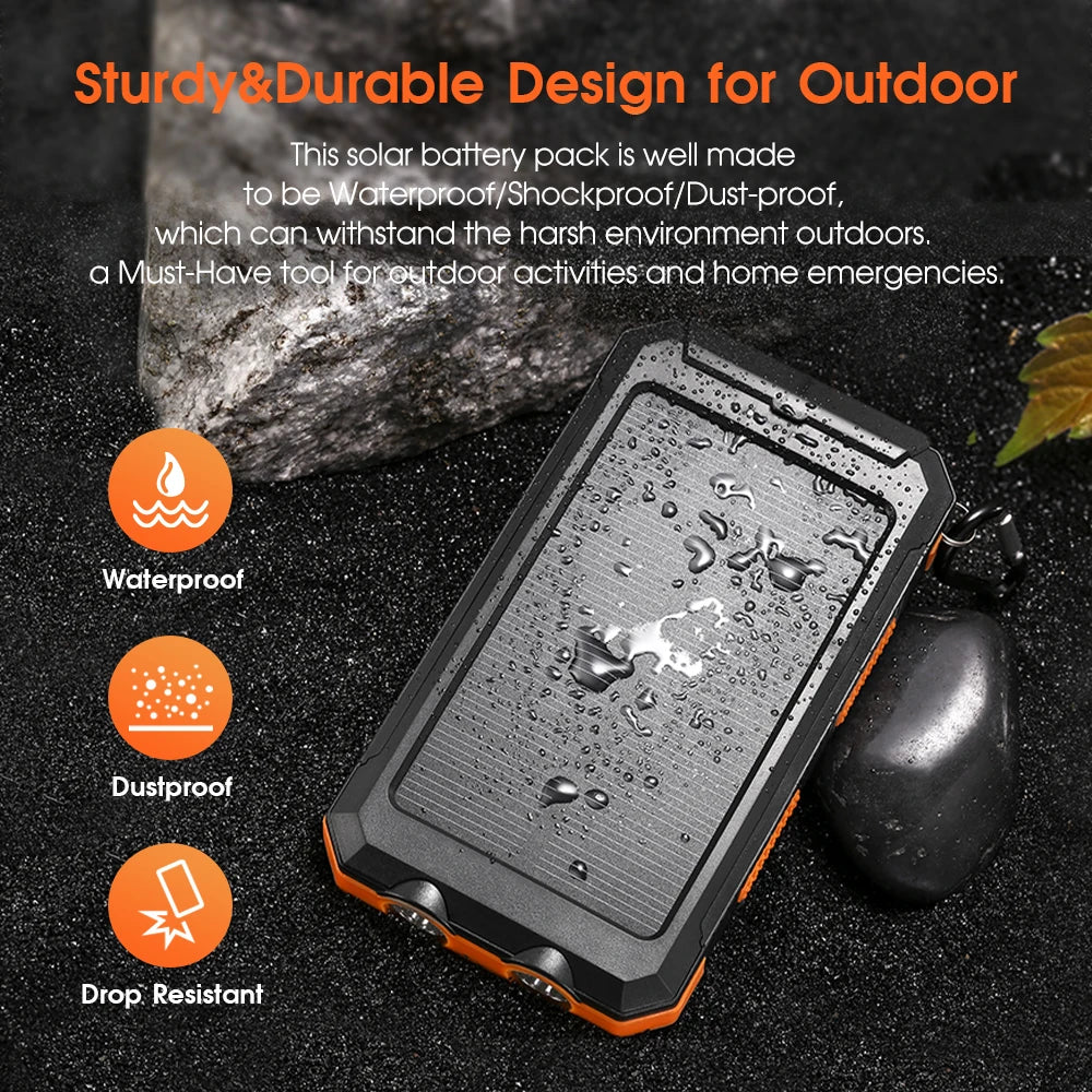 Ultra-Thin 10000mAh Solar Power Bank with Dual USB & Type-C Output, High-Brightness LED Light, Built-in Carabiner Clip