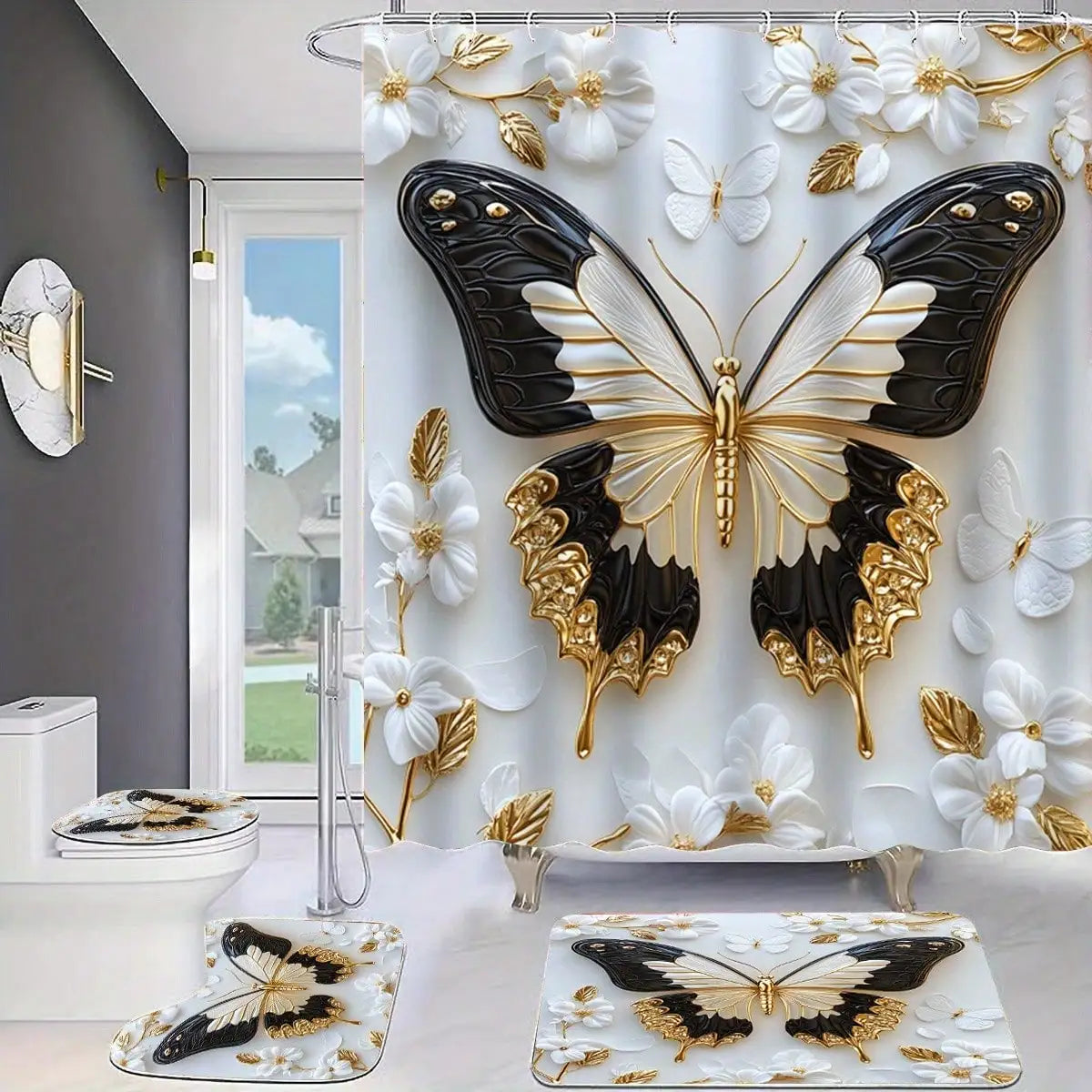 Butterfly Shower Curtain Set With Waterproof Non Slip Floor Mat