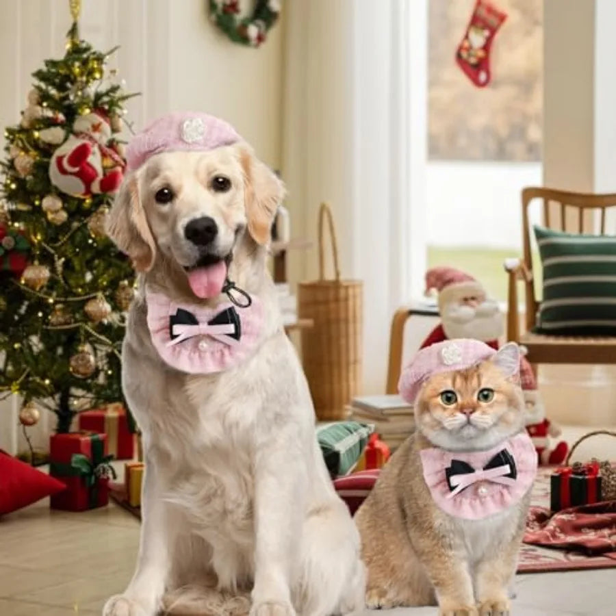2PCS Cat Beret Hat with Small Camellia, Adjustable Satin Bowtie Bandana Scarf Set Pet Princess Costume for Halloween Christmas,