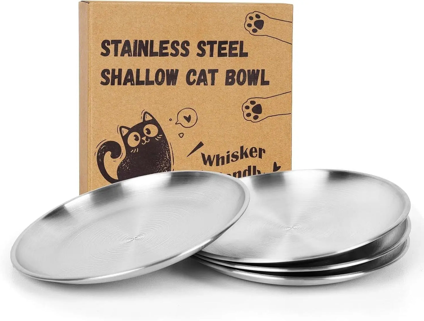 4-Pack Stainless Steel Cat Food Bowls, Shallow Whisker-Friendly Non-Slip Silicone Base Metal Dishes, Easy to Clean Indoor Feedin