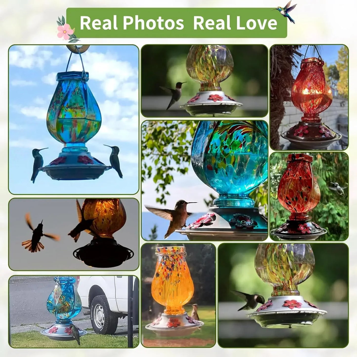 Hummingbird Feeder, Hand Blown Glass Hummingbird Feeders for Outdoors Hanging with Ant Moat, 5 Bee-Proof Ports, Leak-Proof, 360°