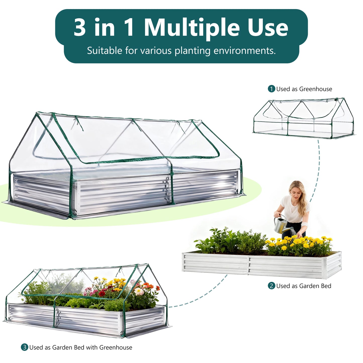 JHK Galvanized Metal Raised Garden Bed With Cover For Outdoors