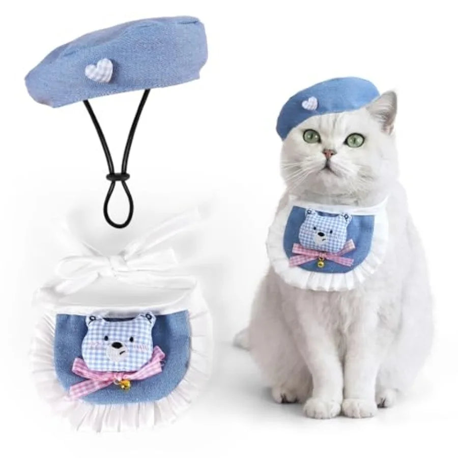 2PCS Cat Beret Hat with Small Camellia, Adjustable Satin Bowtie Bandana Scarf Set Pet Princess Costume for Halloween Christmas,