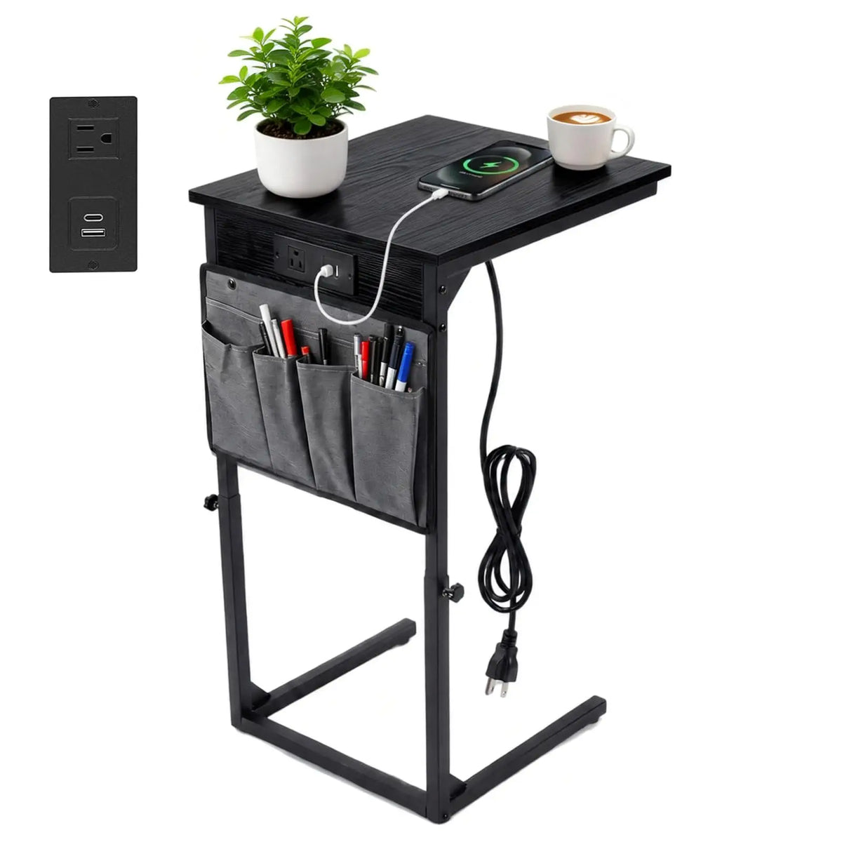Adjustable C-Shaped Side Table with Charging Station