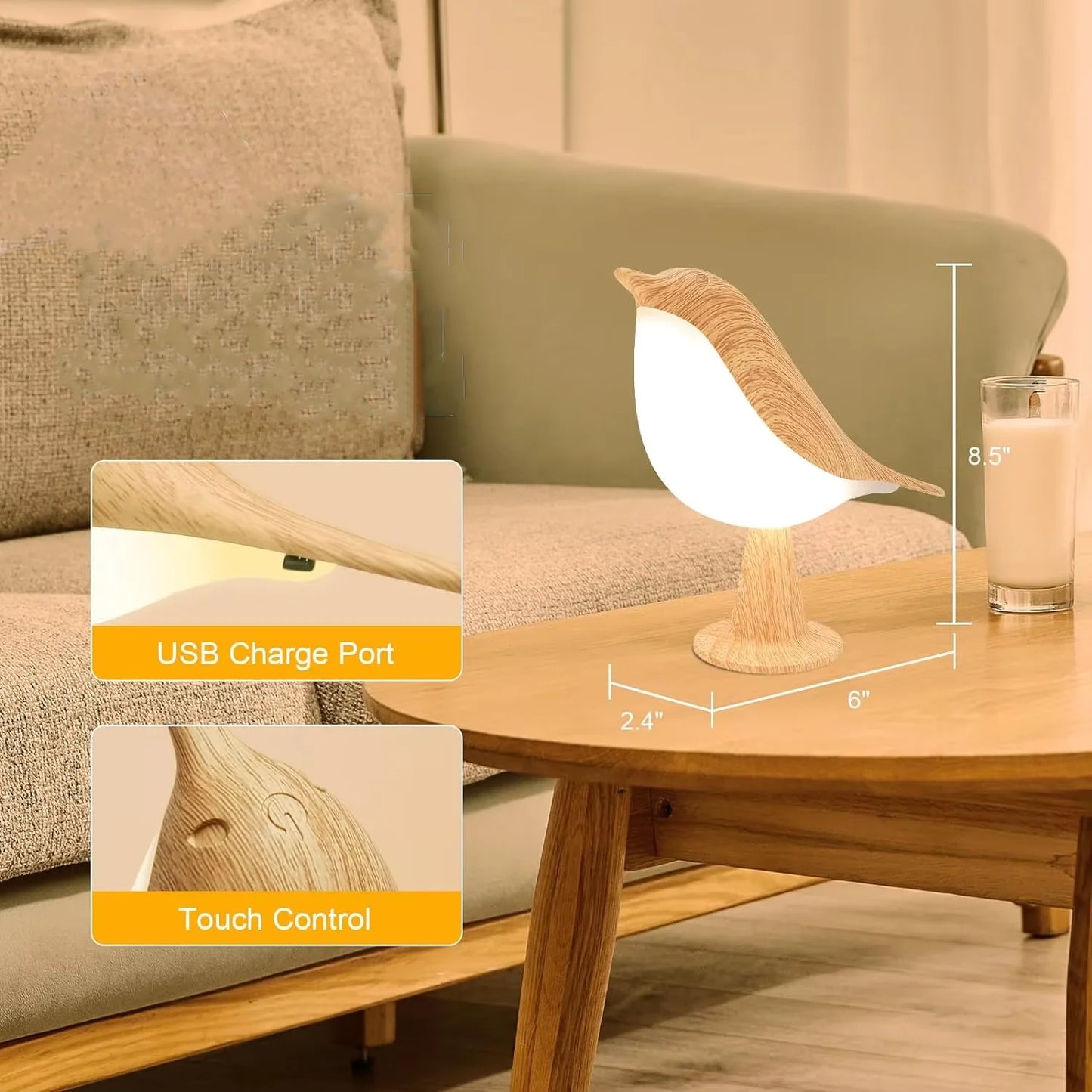 LED Bird Lamp Touch Control Three Level Dimmable USB Rechargeable