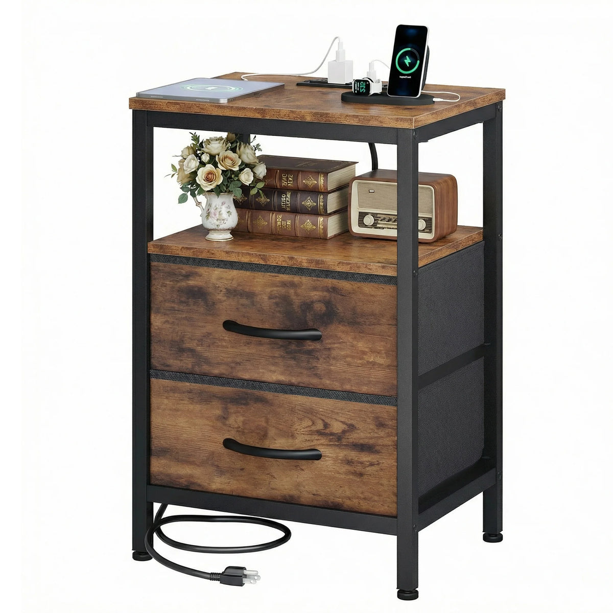 Modern Metal Nightstand with Charging Station