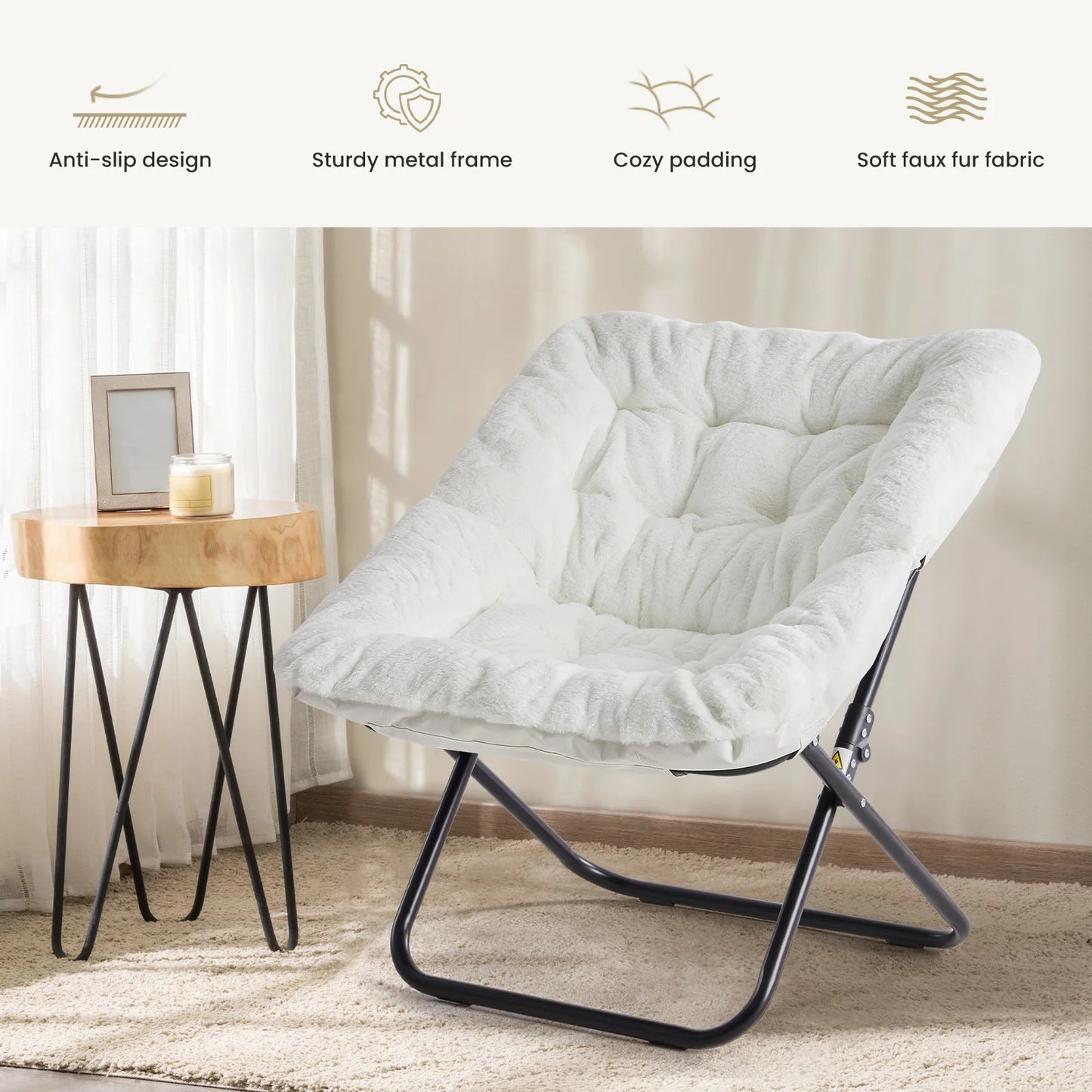 JHK Cozy Faux Fur Saucer Chair With Metal Frame And Padded Seat For Comfort