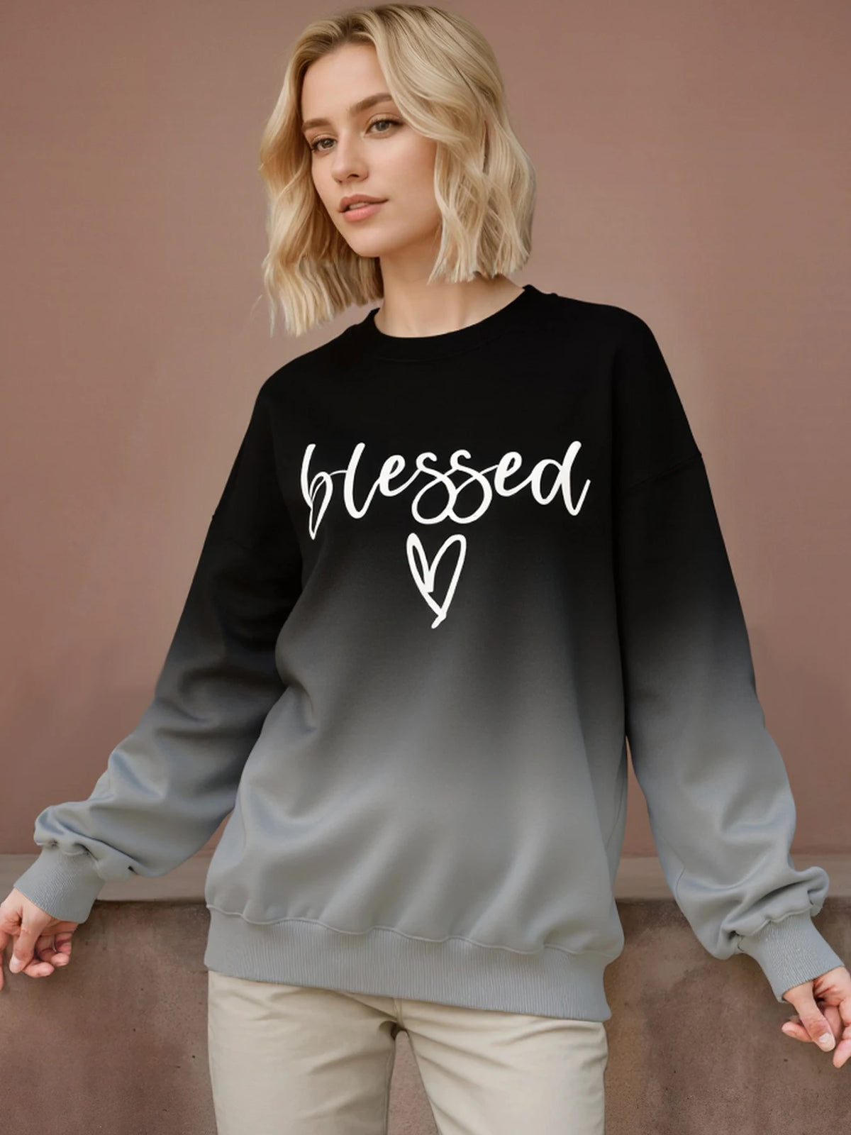 Women’s Blessed Letter Heart Print Raglan Sleeve Sweatshirt