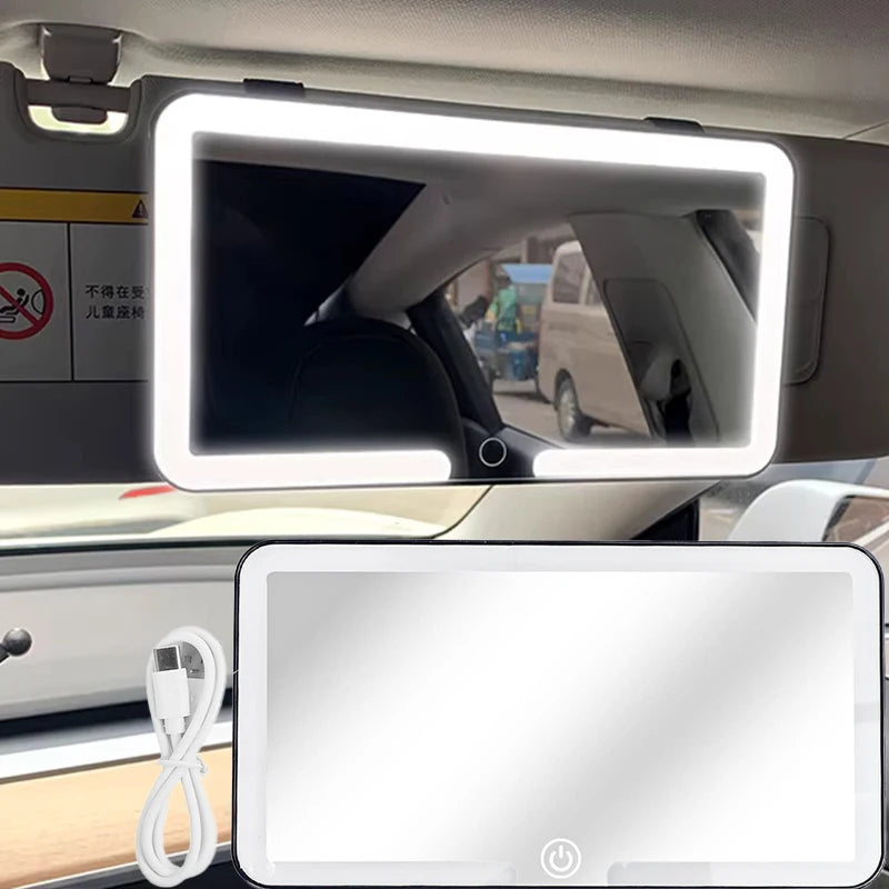 LED Car Makeup HD Mirror Sunshade Makeup Hanging Mirror Ultra Thin USB Charge Autom Cosmetic Mirror Touch Screen Dimmable Light