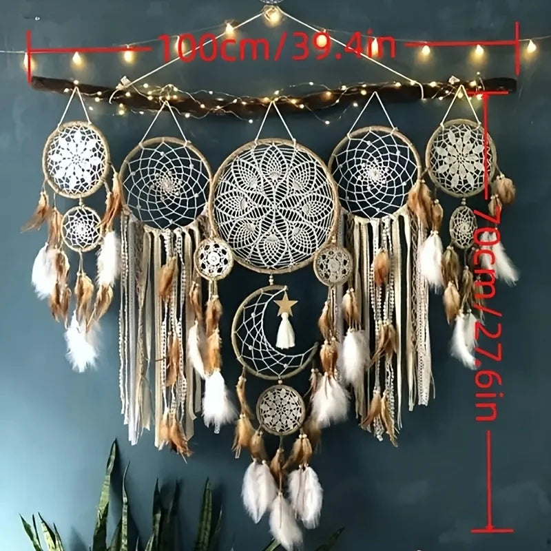 Moon Dream Catcher 5 Piece Set Handcrafted Bohemian Wall Decor